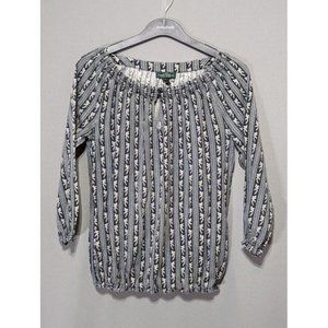 RALPH LAUREN JEANS CO. STRETCH 3/4 SLEEVES TOP BLOUSE SHIRT STRIPES KEYHOLE XS